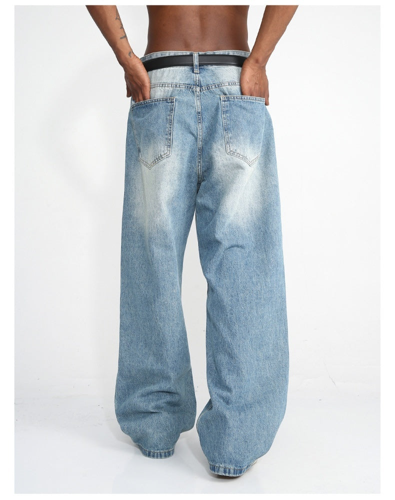 Men's Blue Straight Wide Leg Casual Jeans