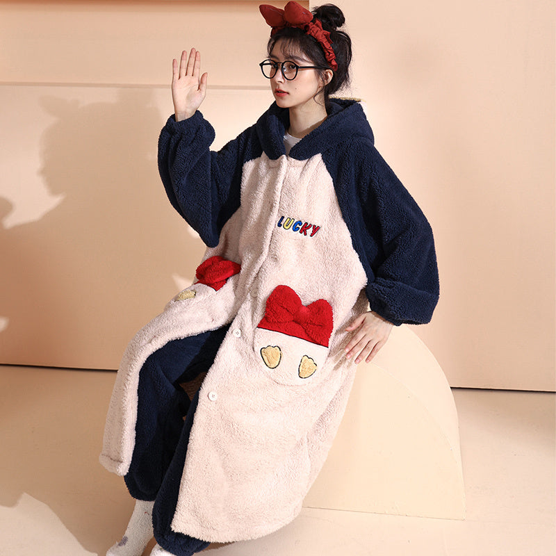 Coral Fleece Nightgown Women Plus Velvet Thickened Flannel Pajamas Can Be Worn Outside Bathrobe Set