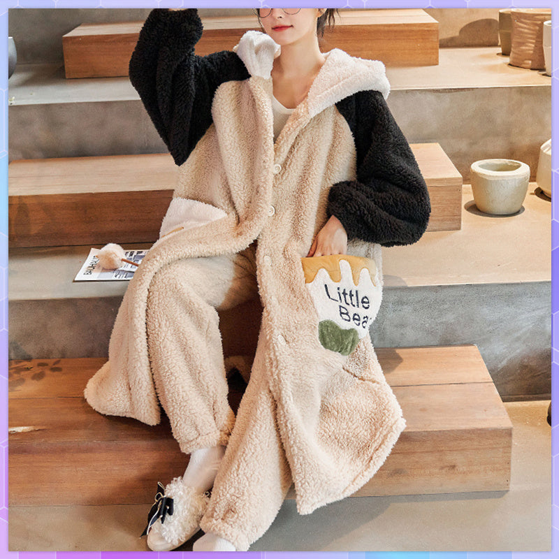 Coral Fleece Nightgown Women Plus Velvet Thickened Flannel Pajamas Can Be Worn Outside Bathrobe Set