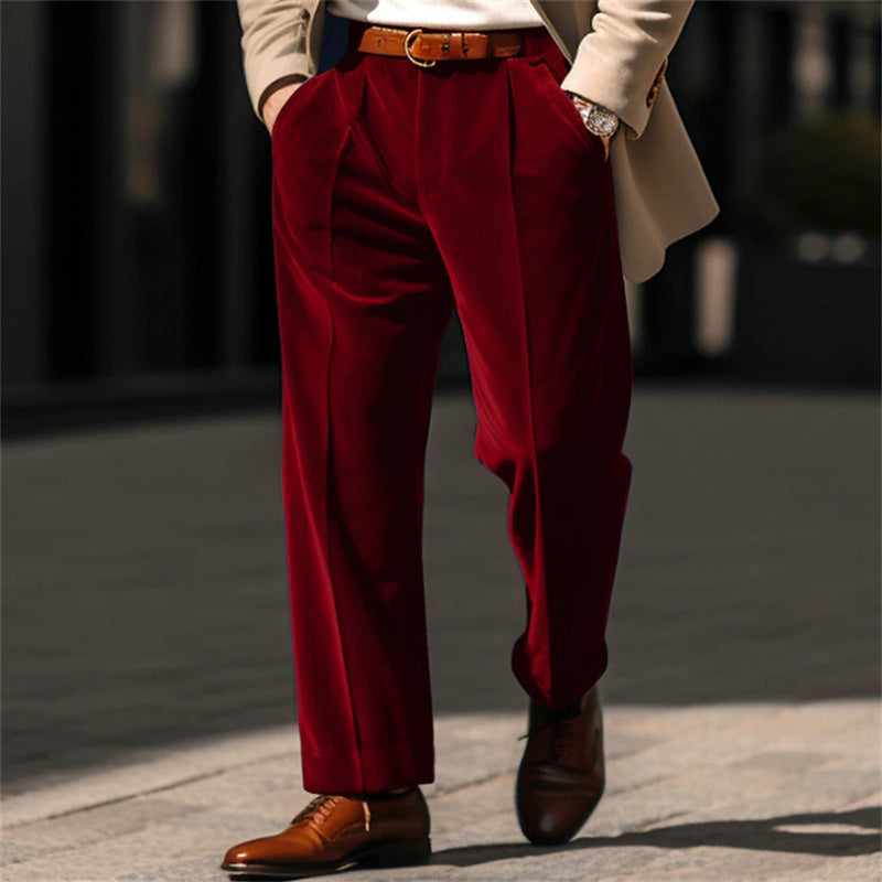 Men's Formal Velvet Front Pocket Straight Trousers
